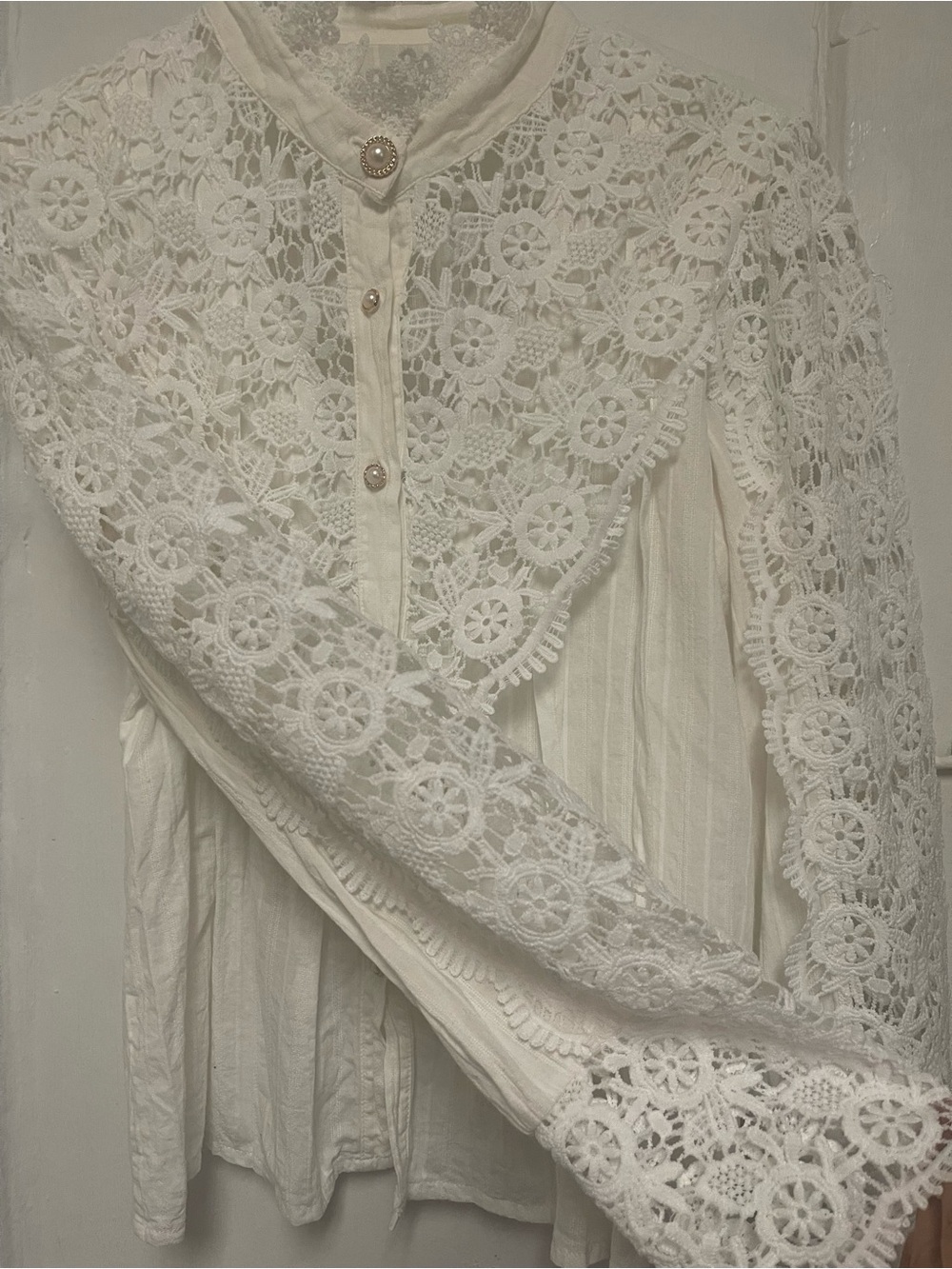Women's Ivory Lace Crochet Button-Front Top - Picture 4 of 6